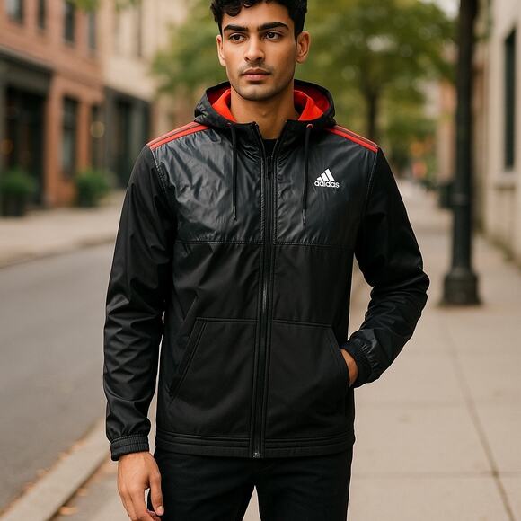 Adidas Originales Mens Hooded Track  Jacket  Black Red Stripe Small - Picture 1 of 7